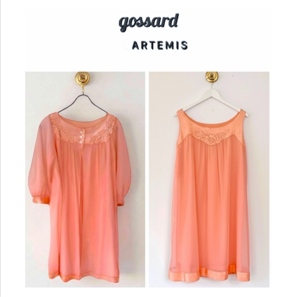 Vintage Chiffon Gossard Artimas 1960's Peignoir Coral Robe & Gown Size Small